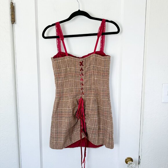 With‎ Jean | Ryder Mini Corset Lace-up Dress in Plaid Brown Check Small - Picture 6 of 10